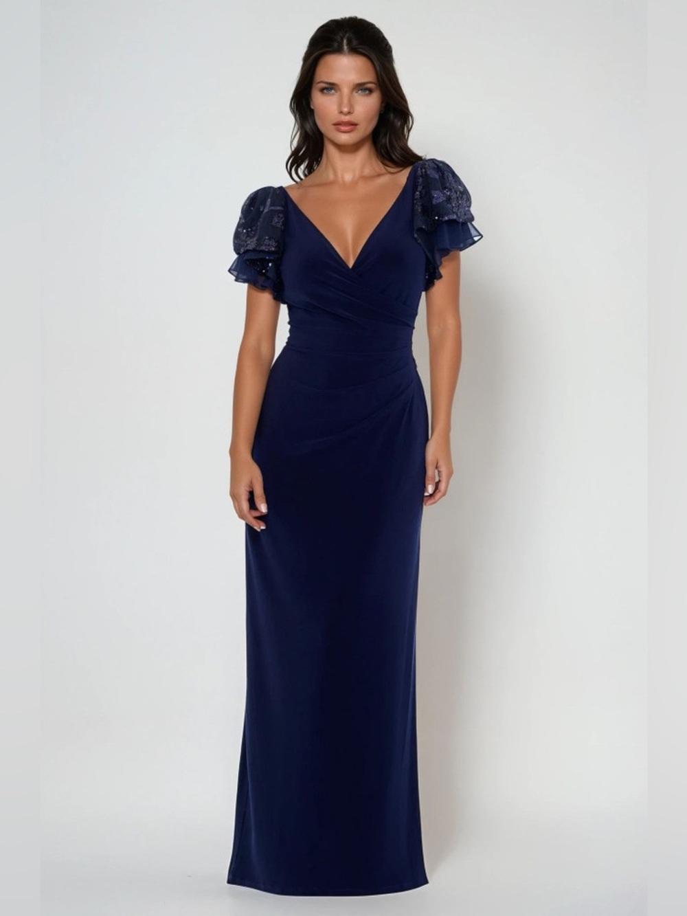 Betsy & Adam Size 8P NWT Navy Sequin Short Sleeve Formal Evening Gown GALA MOB